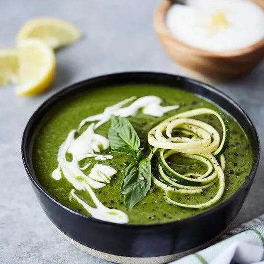 Chilled Zucchini Basil Soup With Lemon Garlic Cream