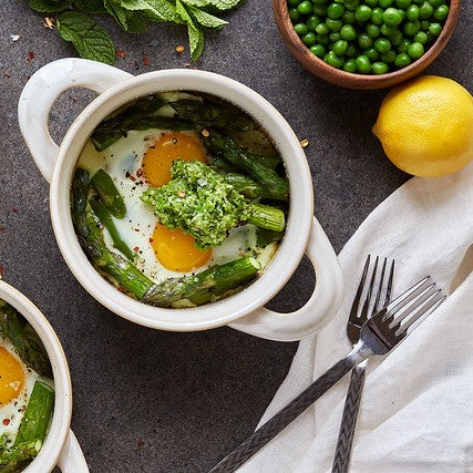 Baked Eggs with Asparagus and Lemony Pea Pesto