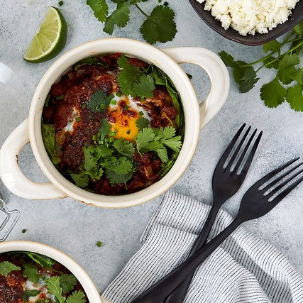 Baked Eggs With Spinach, Chorizo And Salsa Macha