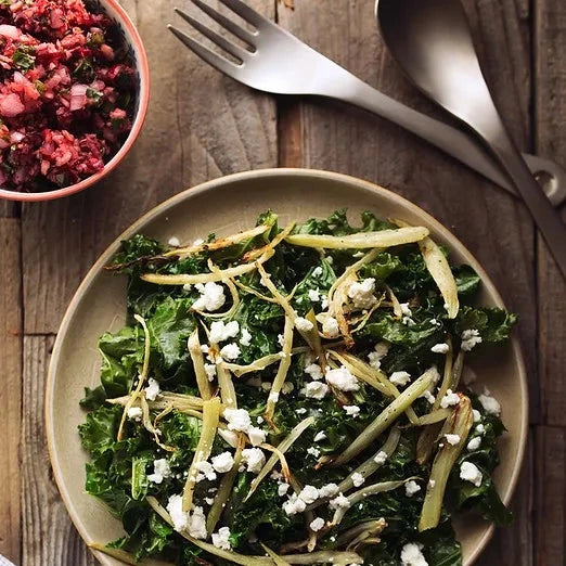 Warm Kale Salad with Roasted Fennel and Cranberry Meyer Lemon Salsa