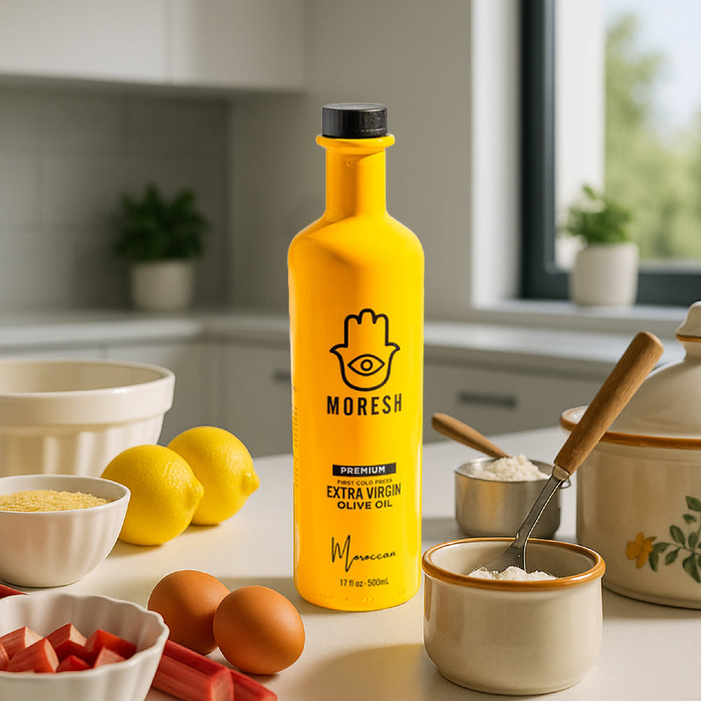 
                  
                    Yellow bottle of MORESH olive oil on a kitchen counter with ingredients like lemons and eggs.
                  
                