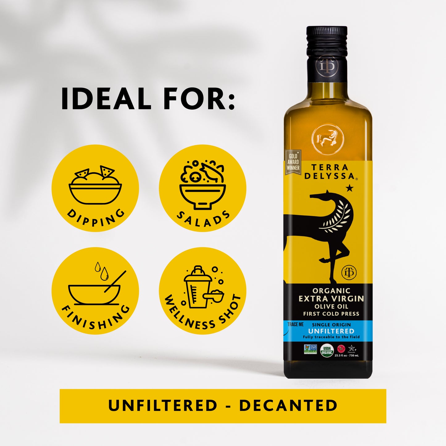
                  
                    Bottle of Terra Delyssa olive oil with usage icons and text on a white background
                  
                