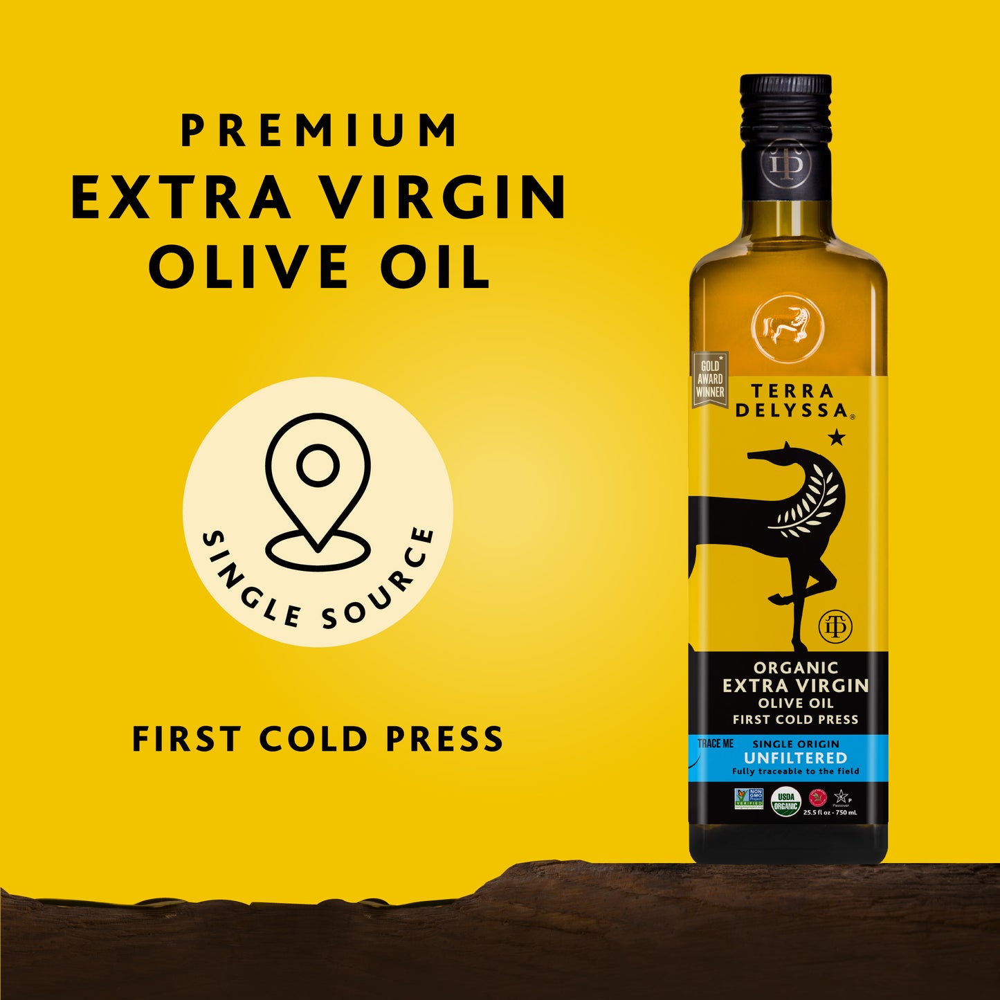 
                  
                    Bottle of Terra Delyssa organic extra virgin olive oil on a yellow background with text highlighting features.
                  
                
