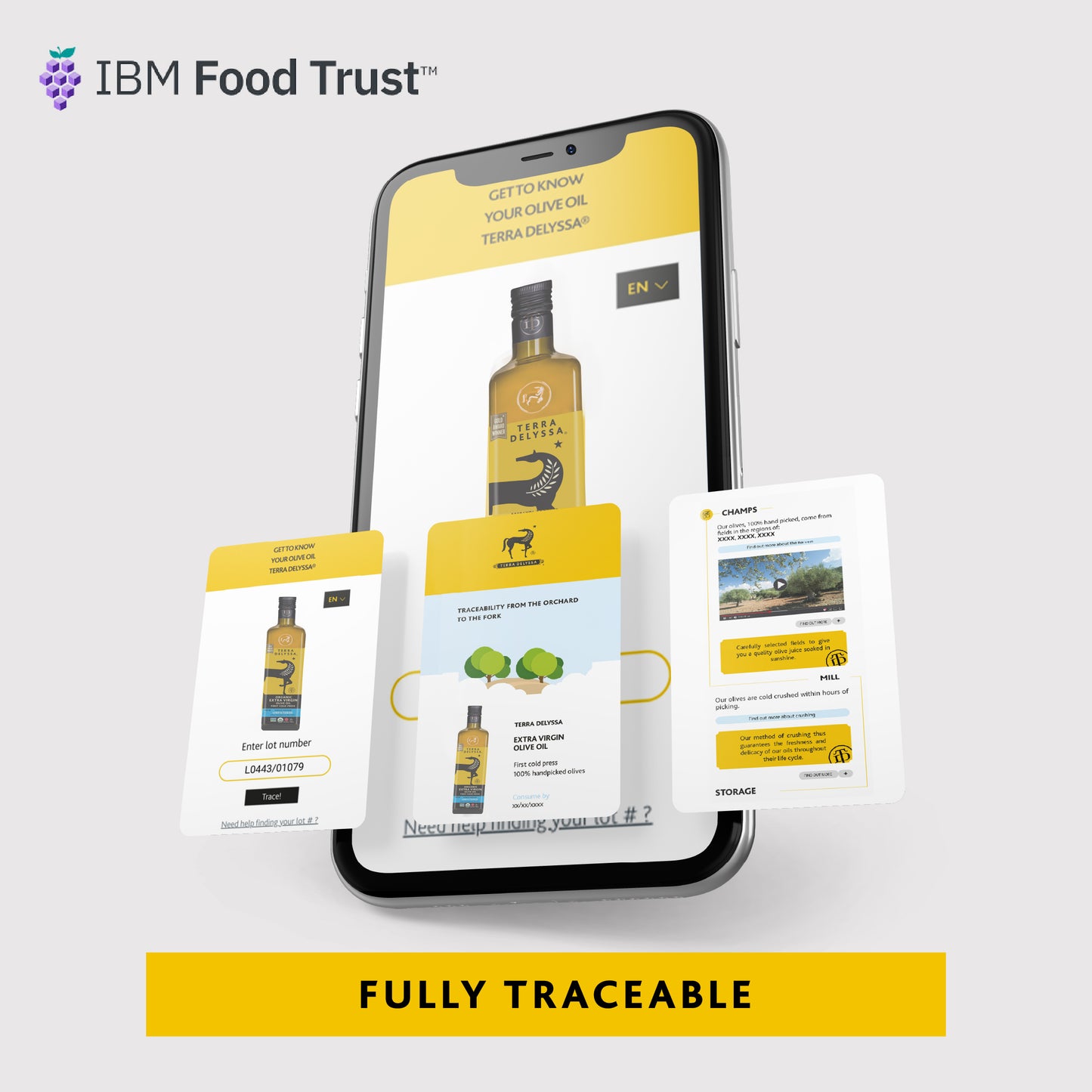 
                  
                    Smartphone displaying IBM Food Trust app with product packaging on a white background
                  
                