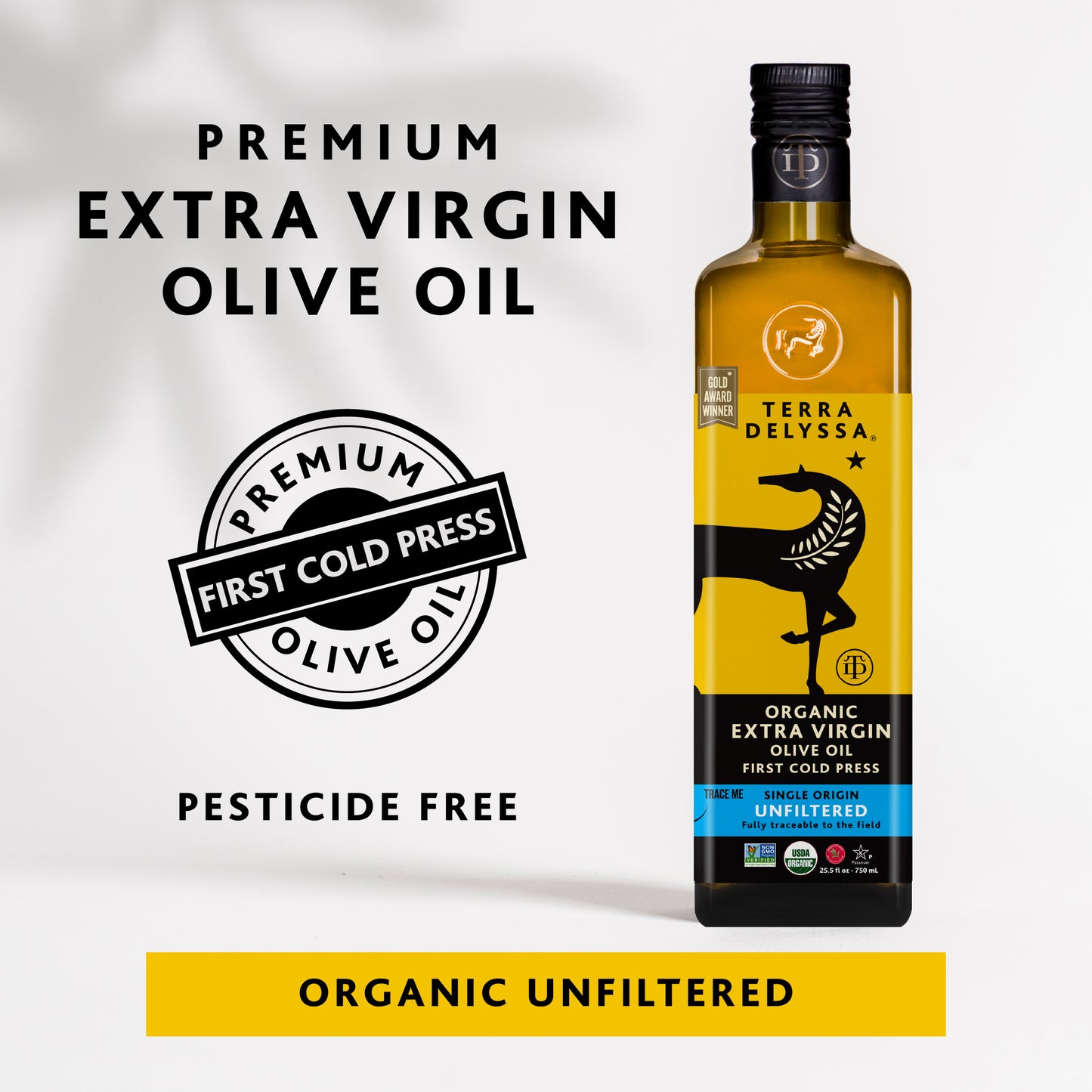 
                  
                    Bottle of Terra Delyssa olive oil with branding and certification labels on a white background
                  
                