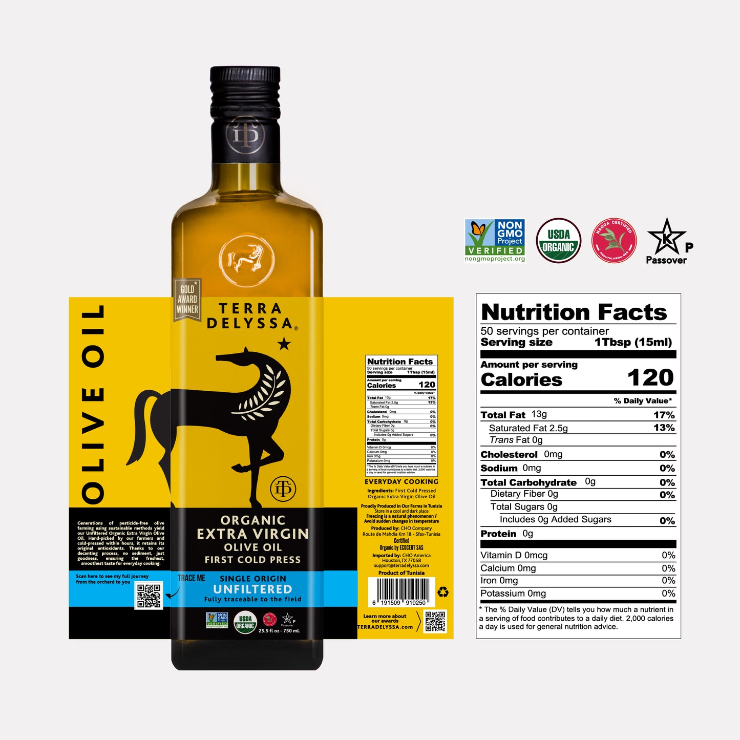 
                  
                    Terra Delyssa olive oil bottle with label on a white background
                  
                