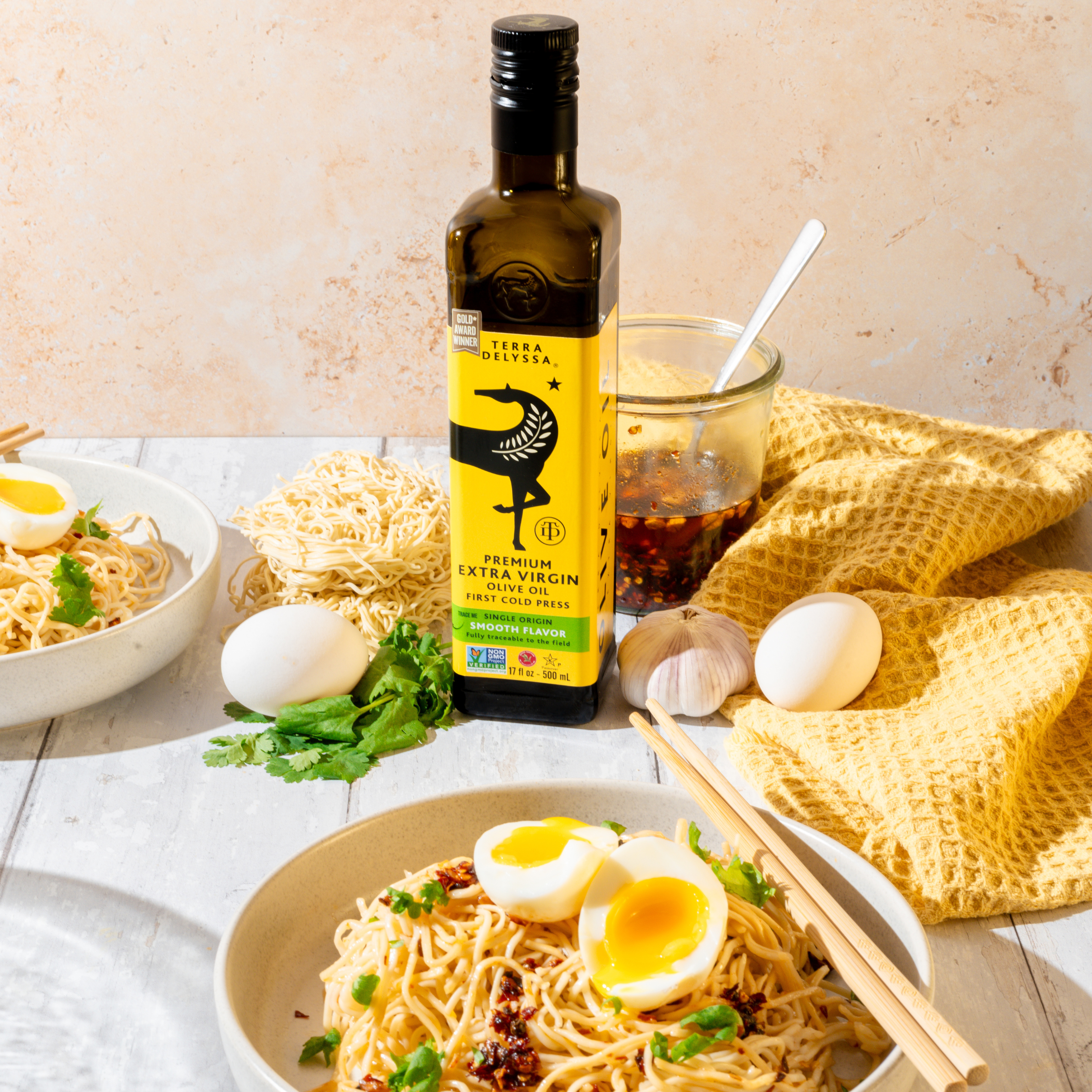 Olive Oil Chili Crisp Noodles with Soft-Boiled Eggs | TERRA DELYSSA US