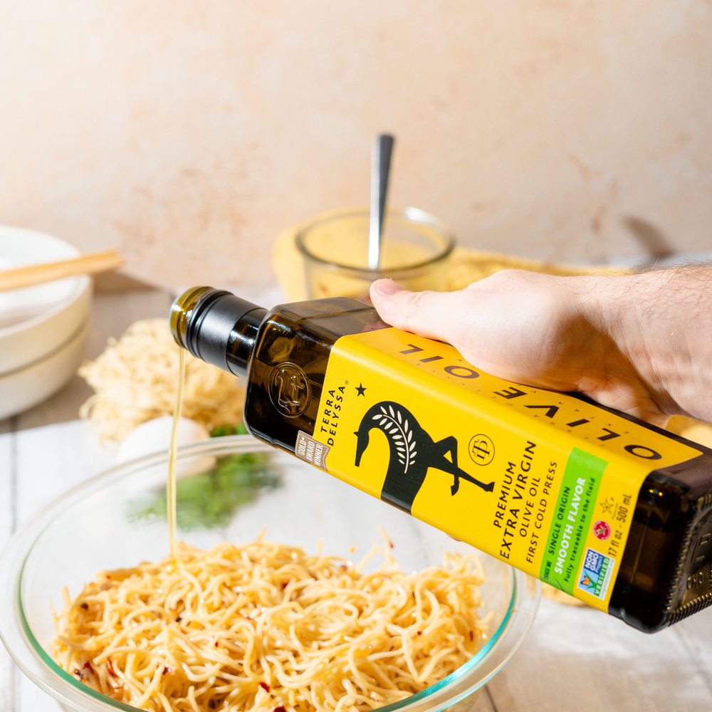 Olive Oil Chili Crisp Noodles with Soft-Boiled Eggs | TERRA DELYSSA US