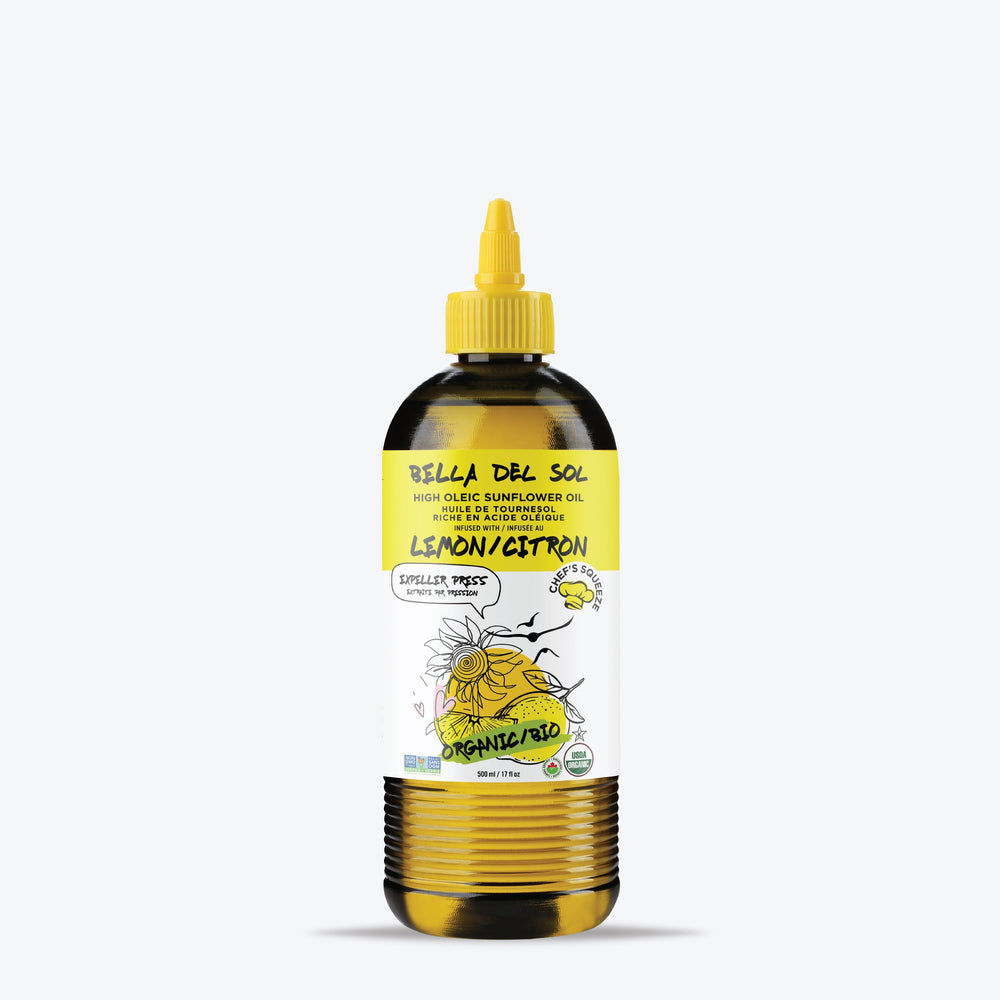 Bella Del Sol Organic Lemon-Infused Sunflower Oil – 500ml Expeller Pressed High Oleic Chef Squeeze Bottle – Huile de tournesol biologique au citron – 500ml – terradelyssa.ca