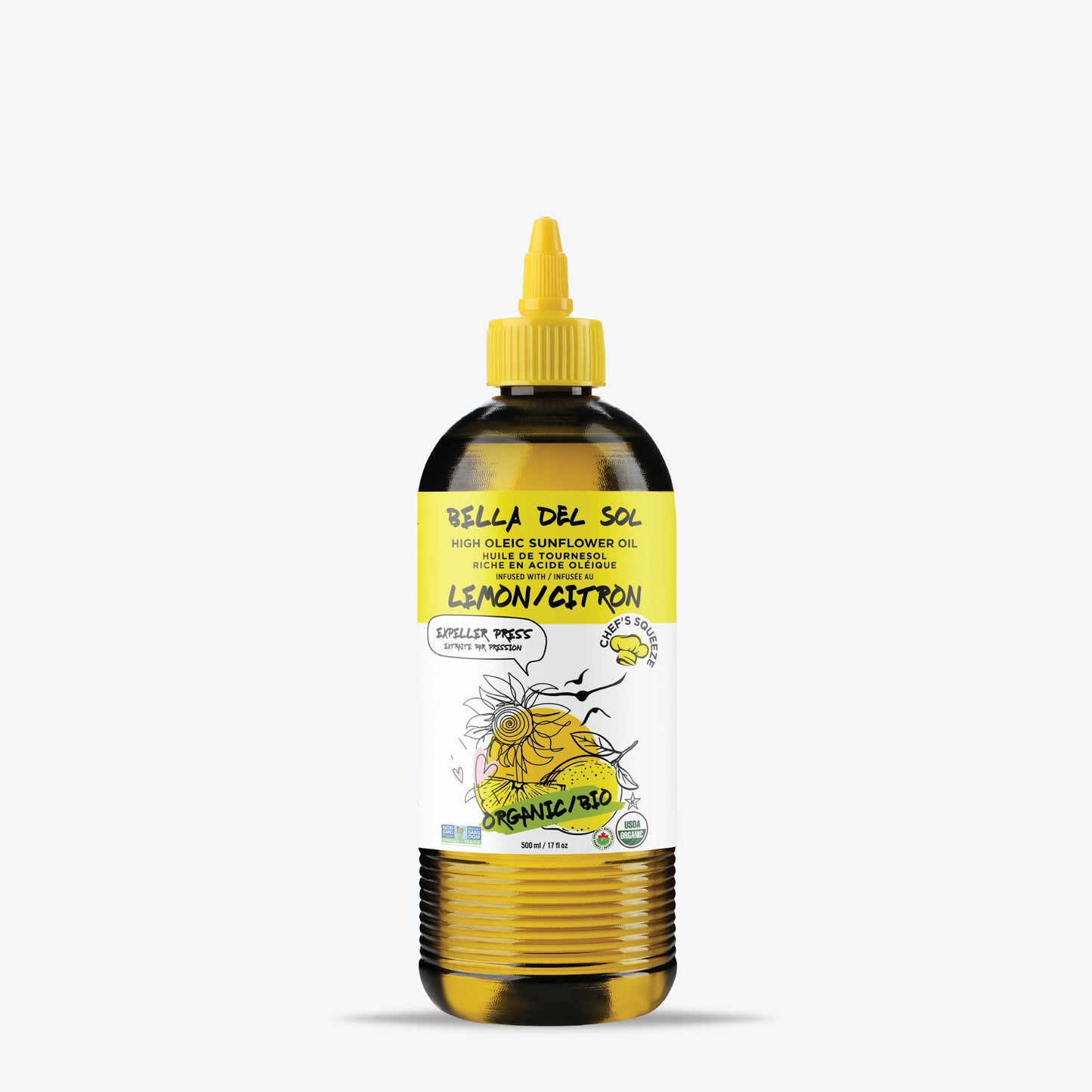 Bella Del Sol Organic Lemon-Infused Sunflower Oil – 500ml Expeller Pressed High Oleic Chef Squeeze Bottle – Huile de tournesol biologique au citron – 500ml – terradelyssa.ca
