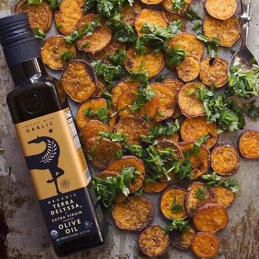 Roasted Sweet Potato Rounds with Garlic Infused Olive Oil and Fresh Herbs
