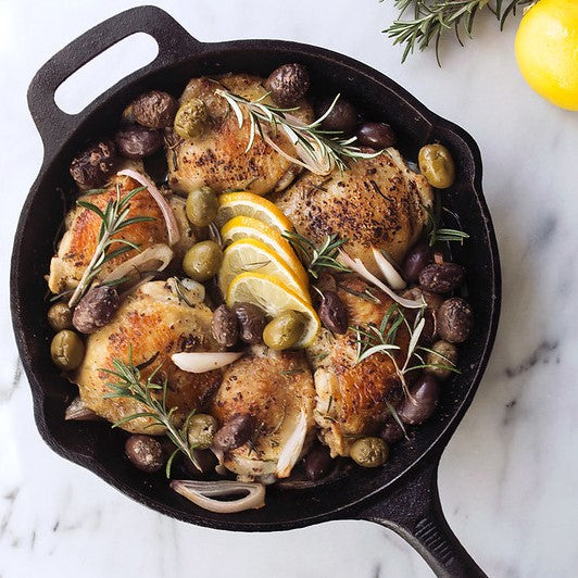 Skillet Roasted Chicken Thighs with Rosemary Lemon and Olives